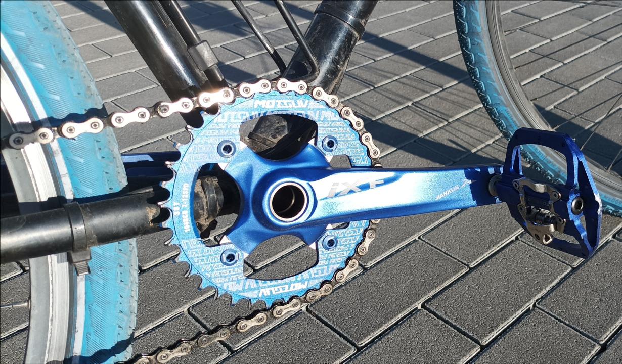 Detail photo of blue chainring and crankarm.