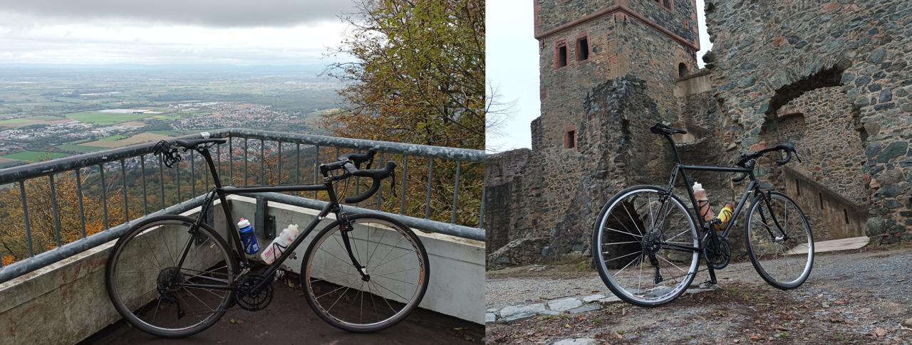 Links: Koga-Miyata auf dem Melibokus, Rechts: Koga-Miyata in der Burg Frankenstein