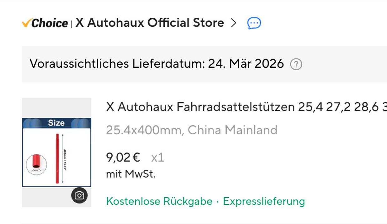 Sattelstuetze bei Aliexpress bestellt.